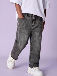 SHEIN 青少年男孩黑色羊毛內裡寬鬆舒適秋冬牛仔褲，適合上學穿著 - 黑色 - 查看 3