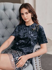 Anewsta Women's Glitter Diamond Velvet Hand-Stitched Floral Embroidered Top - Royal Blue - View 5