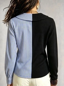 Glimmora Women's Striped Colorblock Casual Daily Long Sleeve T-Shirt - Multicolor - View 3