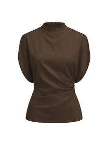SHEIN Clasi Women's Solid Color Stand Collar Batwing Short Sleeve Blouse And Mermaid Skirt Elegant 2 Pieces Set - Coffee Brown - View 2
