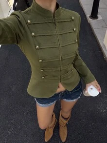 Lavishia 女款淺卡其色修身前拉鍊拿破崙/軍裝夾克，夏季穿搭，外出穿著，鄉村音樂演唱會服飾，夏季上衣 - 軍綠色 - 查看 5