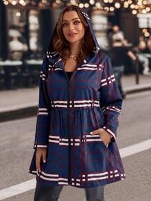 EMERY ROSE Plus Size Women Plaid Drawstring Waist Zip Up Casual Hooded Jacket,Winter Coat Women - Navy Blue - View 3