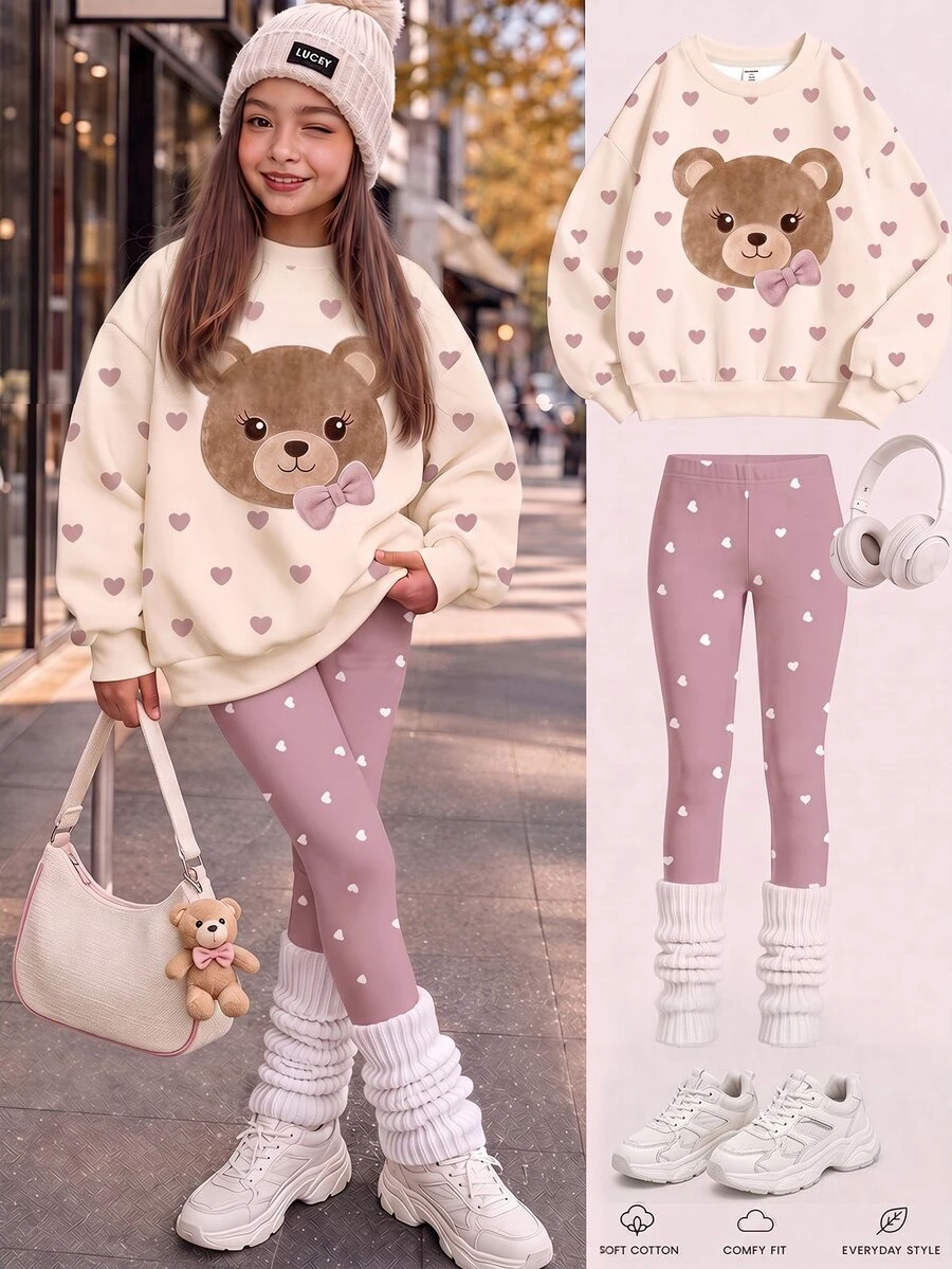 暖紫色甜美少女風蝴蝶結與熊圖案,青少年女孩休閒柔軟舒適寬鬆圓領套頭衛衣與刷毛內搭褲2件套,適合秋冬日常、校園、返校季,甜美少女風、美式街頭風、甜美女孩慵懶隨性風 - 白色 - 查看 1