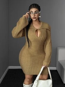 Maweii Woman Elegant, Fashionable, Sexy, Party,Khaki , A Fitted Mini Skirt,Winter,Halloween/Christmas, Long-Sleeved Plus-Size Women's Sweater Dress - Khaki - View 1