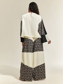 SHEIN Ms. Posey's Autumn Two Pieces Set, Round Neck Long-Sleeve Patchwork Blouse, Loose Wide-Leg Patchwork Long Pants, Suitable For Daily Leisure, Shopping, - Multicolor - View 2