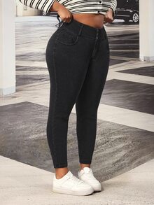 SHEIN Tall CURVE بنطلون جينز ضيق للنساء بمقاسات كبيرة - الأسود - مشاهدة 3