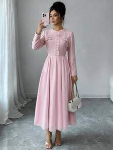 GlowEve Elegant Long Sleeve Contrast Mesh Afternoon Tea Daily Outing Shopping Party Women's Solid Color Long Dress - Pink - View 3