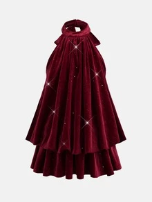 Firerie Kids Tween女孩亮面酒紅天鵝絨掛脖蝴蝶結蛋糕裙 公主禮服 派對晚宴正式場合 秋冬新款 - 酒紅色 - 查看 5