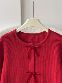 SHEIN Tween Girl Red Cardigan, Kids Suitable For Autumn/Winter, Velvet Bow, Basic Red Knit Cardigan, Christmas, Spring Festival, Holiday Party - Red - View 4