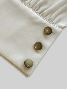 Balvessa Đầm tiện dụng cổ đứng thanh lịch tay lồng đèn voan phong cách vintage commuter, hai hàng cúc - Màu be - Xem 7