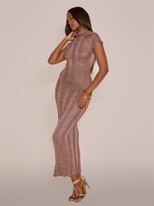 MUSERA High Neck Metallic Ribbed Knitted Short Sleeve Maxi Dress Sexy Evening Night Going Out Fall Winter Autumn Solitude - Brown - View 2