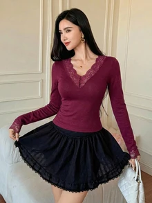 DAZY 春/夏修身顯瘦優雅蕾絲拼接情人節派對白色長袖女款T恤 - 酒紅色 - 查看 4