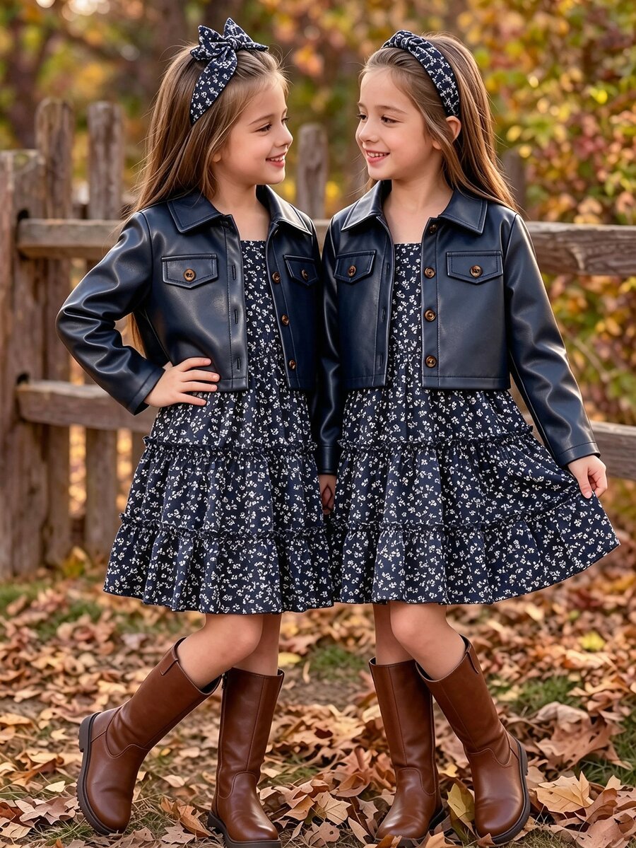 SHEIN Young Girl Girls 2pcs Matching Family Outfits, Chic Navy Blue PU Leather Notch Lapel Blazer Jacket And Dit - Blue - View 1