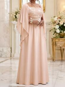 SHEIN CURVE+ Plus Size Women Solid Color Square Neck Lace Applique Patchwork Waist-Cinching Slimming Cape Sleeve Dress Fall - Pink - View 5