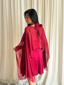 GalTyme Plus Size Women Solid Color Asymmetrical Shoulder Top And Halter Neck Dress Elegant 2 Pieces Set - Burgundy - View 2