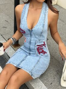 Rivivi Petite Women's Letter Print Denim Halter Neck Fitted Zipper Front Dress - Blue - View 5