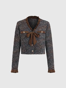 Elamini Women's Colorblock Casual Versatile Daily Wear Wool Blend Jacket - Coffee Brown - View 3