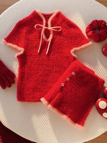 Comfortcana Women's Short Fitted Short Sleeve Top And Shorts Trim Color Block Knit Sweater 2 Pieces Set - Red - View 1