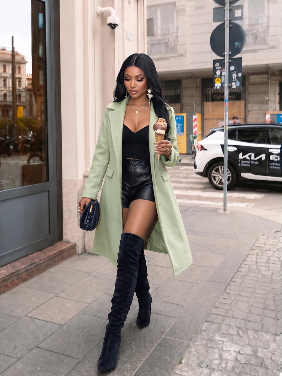 Brilight Light Sage Green Lapel Single Button Long Wool Coat Overcoat For Autumn Winter Commute Office Streetwear - Green - View 1