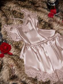 SilkySpell Women's Lace Trim V-Neck Backless Faux Silk Camisole & Shorts Pajama Set - Champagne - View 5