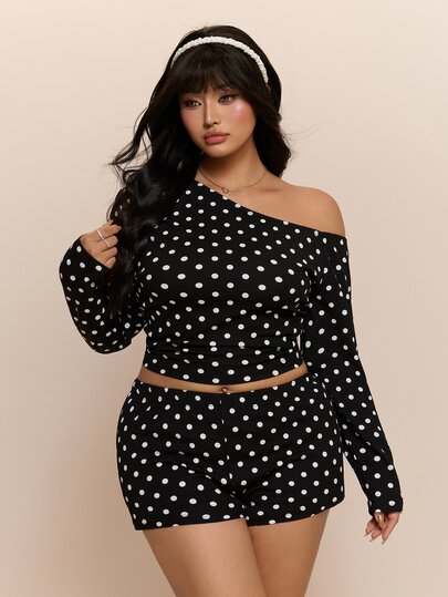 CovetEZ New Black & White Polka Dot Print Asymmetric Shoulder Long Sleeve Top And Shorts Casual Plus Size 2 Pieces Set