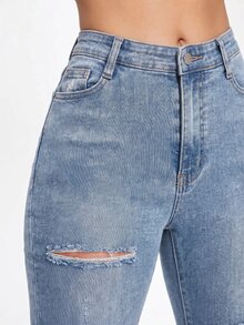 SHEIN EZwear Black Slant Pocket Ripped Skinny Jeans - Blue - View 6