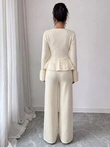 SHEIN Women's V-Neck Button Asymmetrical Hem Long Sleeve Sweater And Casual Wide Leg Loose Pants 2 Pieces Set - White - View 2