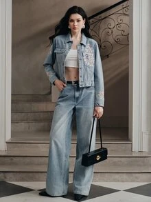 Anewsta Women's New Fashion Exquisite Heavy Embroidery Blue Jeans Jacket - Blue - View 6