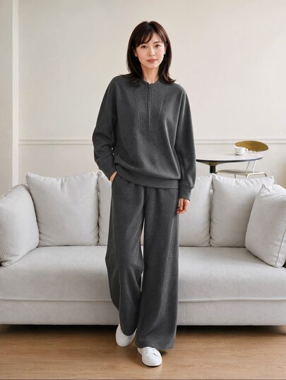 Yumoku Women's Half-Zip Fashion Set, Winter New Slimming Long Sleeve Sweatshirt And Wide Leg Pants 2 Pieces Outfit
