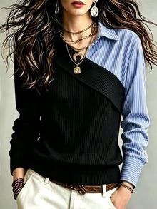 Glimmora Women's Striped Colorblock Casual Daily Long Sleeve T-Shirt - Multicolor - View 2