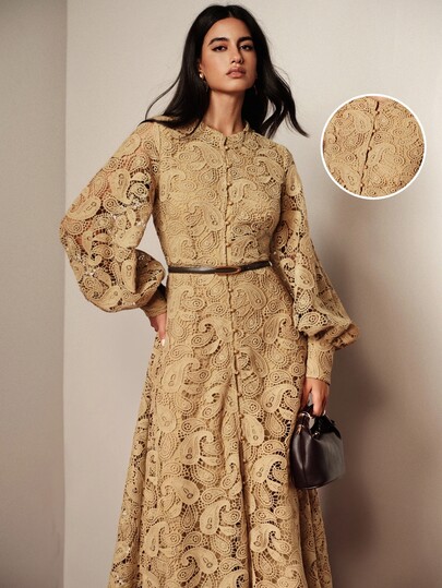 BELROSIE Women's Dress A-Line Cinched Waist Lace Lantern Sleeve Single-Breasted High Neck Elegant Vintage Formal Beige Paisley Floral Elegant Dress Christmas
