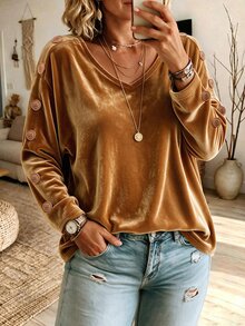 Weeklong Plus Size Women's Autumn/Winter Caramel Gold Velvet Long Sleeve Top, V-Neck Side Metal Button Loose Drape T-Shirt, Minimalist Luxury Style, Suitable For Commuting, Daily Wear, Party Layering - Brown - View 1