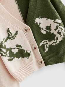 ROMWE Autumn/Winter New Chinese Style Goldfish & Koi Pattern Colorblock Casual Cardigan For Women - Green - View 4