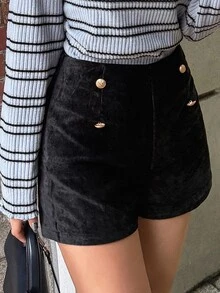 FRIFUL Women's Casual Commute Button Design Shorts - Black - View 6