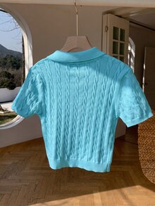 Comfortcana 女款時尚鈕扣設計刺繡短袖針織上衣 - 水鴨藍 - 查看 2