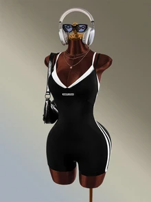 Amplova Women's Striped Colorblock Athletic Romper For Yoga And Fitness - Black - View 3