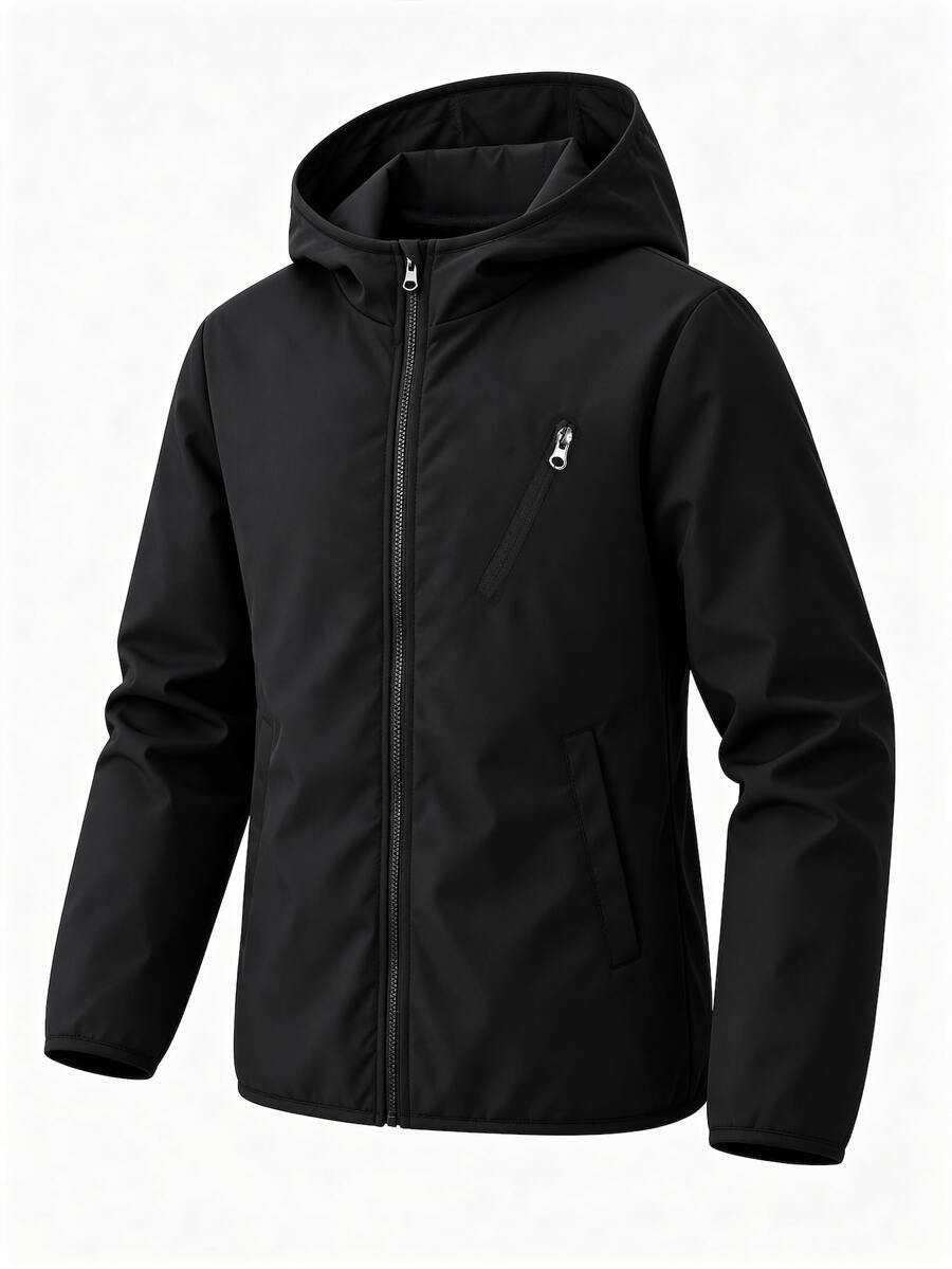 1 buah Jaket Hoodie Kasual Dasar untuk Anak Laki-laki, Cocok untuk Perjalanan Sehari-hari, Sekolah, Pakaian Luar, Sebagai Lapisan, Sepanjang Musim - Hitam - View 1
