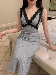 DAZY 秋冬蝴蝶結圖案滿版印花對比色蕾絲拼接收腰長洋裝，夏季女款睡裙套裝 - 灰色 - 查看 6