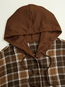 Rusticease Plus Size Brown Drawstring Button Front Ribbed Hooded 3/4 Sleeve Jacket Casual Outerwear Fall Winter 2026 - Brown - View 7