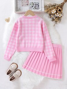 SHEIN Tween Girl Autumn/Winter Fashion Knit Cardigan + Striped Pleated Mini Skirt Set - Pink - View 2