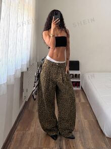 SHEIN Tall 高個子迷彩印花低腰水洗牛仔寬腿褲 - 彩色 - 查看 3