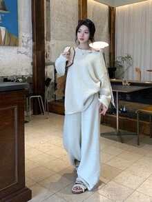 DAZY Women's Off-Shoulder Solid Color Casual Long Sleeve Korean Style Sweater 2 Pieces Set - Apricot - View 5