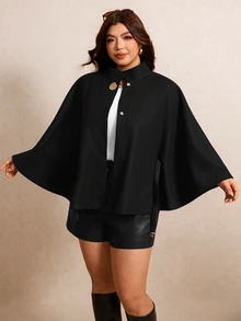 Elaquor Plus Size Women's Solid Color Metal Decor Elegant Cape Overcoat - Black - View 6