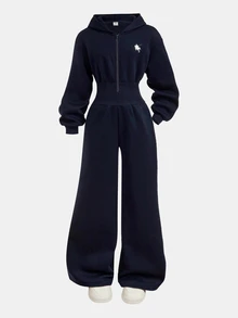 Girlism 青少年女孩連身衣與連身褲 秋冬加厚時尚極簡純色連帽拉鍊馬標誌印花高腰連身褲，適合日常與校園穿著 - 藏蓝色 - 查看 3