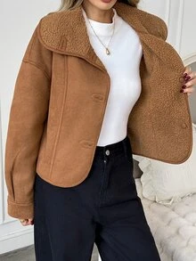Easowa Women's Fashion Plush Collar Single-Breasted Long Sleeve Jacket - Brown - View 4