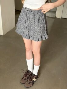 K-Vae Rok Mini A-Line Rajut Kabel Berongga dengan Ikat Pinggang dan Hem Berumbai, Serbaguna - Grey - View 7