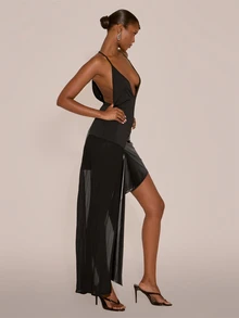MUSERA Deep V Plunge Strappy Asymmetric Draped Side Velvet Mini Dress Sexy Evening Night Going Out Fall Winter Autumn Solitude - Black - View 2