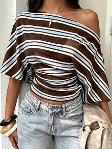 Aloruh Asymmetrical Shoulder Loose Top With Ruched Waist, Minimalist Preppy Striped Basic T-Shirt - Brown - View 6