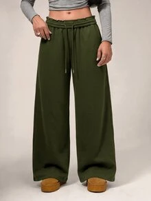 Avantive 女款素色休閒極簡寬鬆抽繩寬腿運動長褲 - 軍綠色 - 查看 4