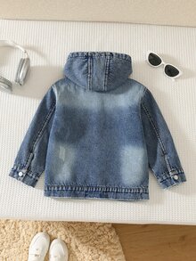 SHEIN Young Boy Autumn/Winter New Casual Minimalist Fashion Washed Denim Woven Solid Color Hooded Jacket - Blue - View 2